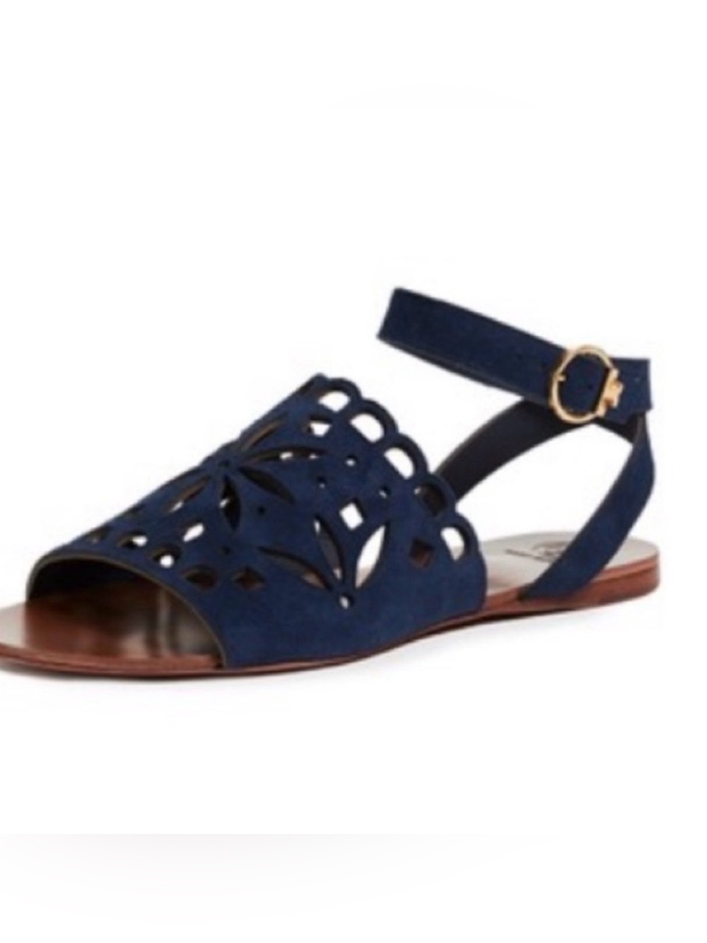 Tory Burch Navy Suede Laser-Cut Slide Sandals with Ankle Strap - Picture 6 of 6